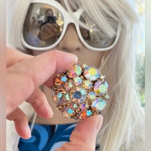 Albert Weiss Iridescent Aurora Crystal Cluster Brooch in Gold Tone